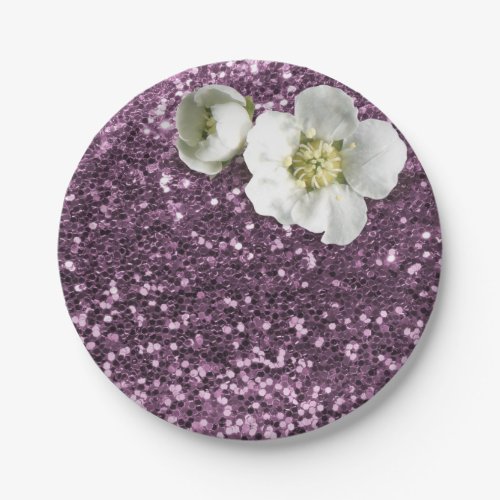 Amethyst Purple Plum White Jasmine Glitter Paper Plates