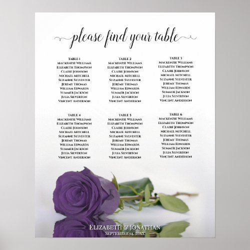 Amethyst Purple Rose 6 Table Wedding Seating Chart