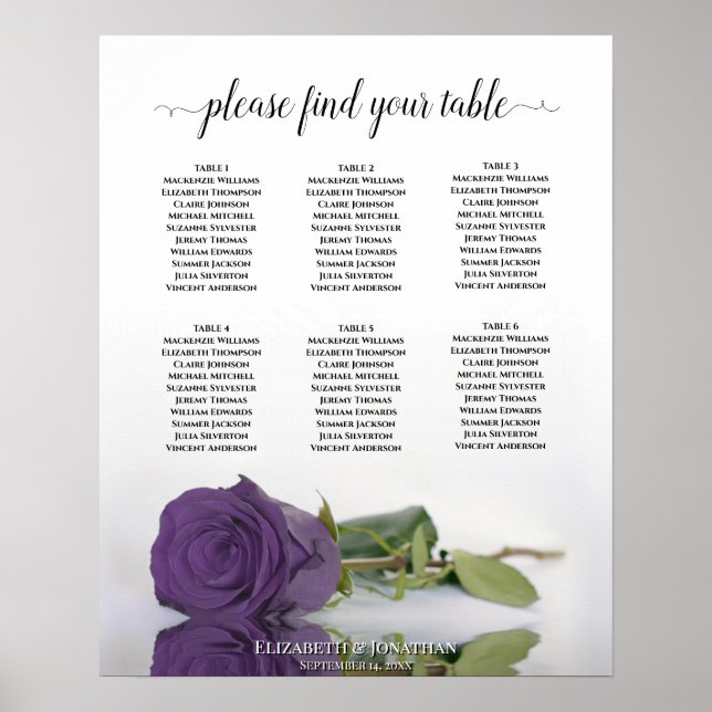 Amethyst Purple Rose 6 Table Wedding Seating Chart (Front)