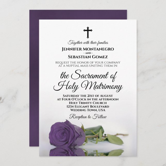 Amethyst Purple Rose Chic Modern Catholic Wedding Invitation (Front/Back)