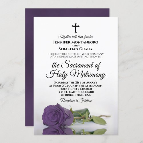 Amethyst Purple Rose Chic Modern Catholic Wedding Invitation