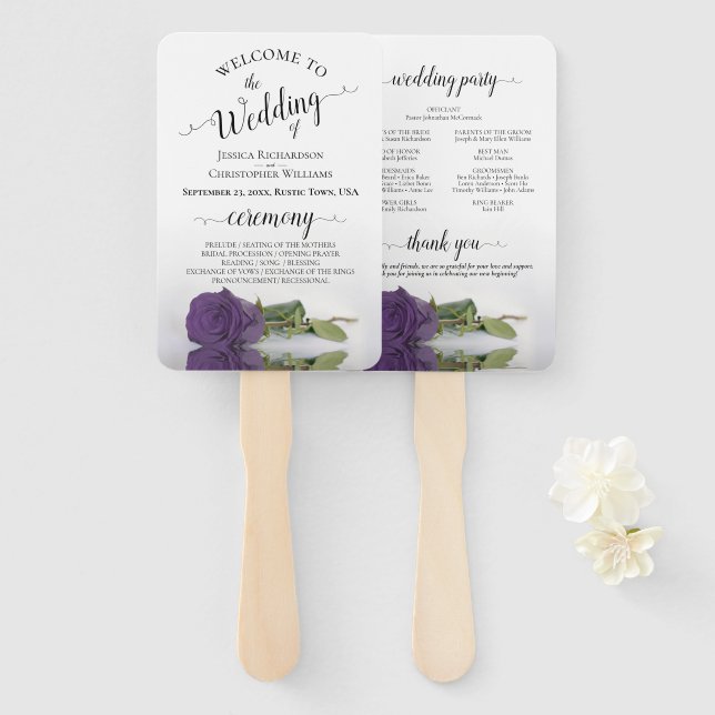 Amethyst Purple Rose Elegant Wedding Program Hand Fan (Front and Back)