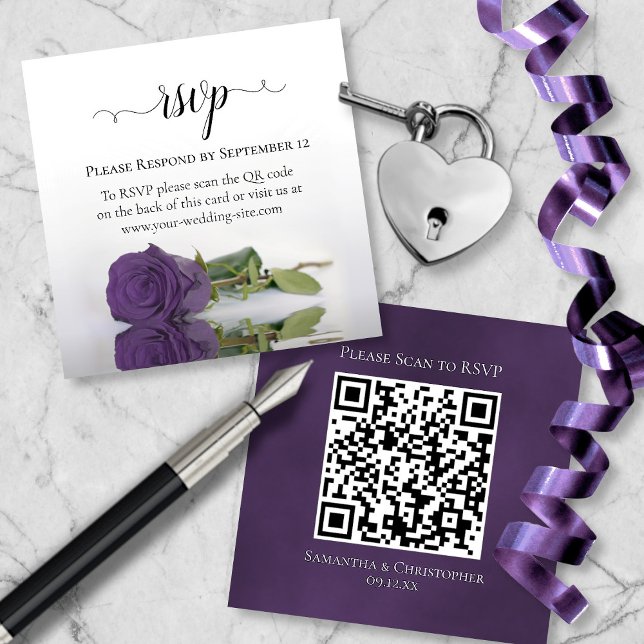 Amethyst Purple Rose Elegant Wedding RSVP QR Code Enclosure Card (Front/Back)