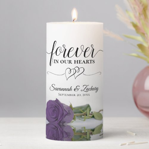 Amethyst Purple Rose Forever in Hearts Memorial Pillar Candle