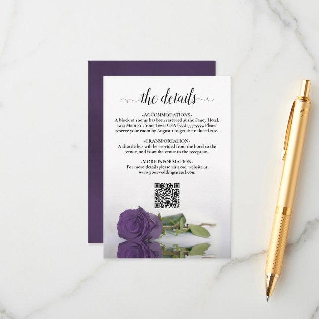 Amethyst Purple Rose Wedding Details QR Code Enclosure Card (Front/Back In Situ)