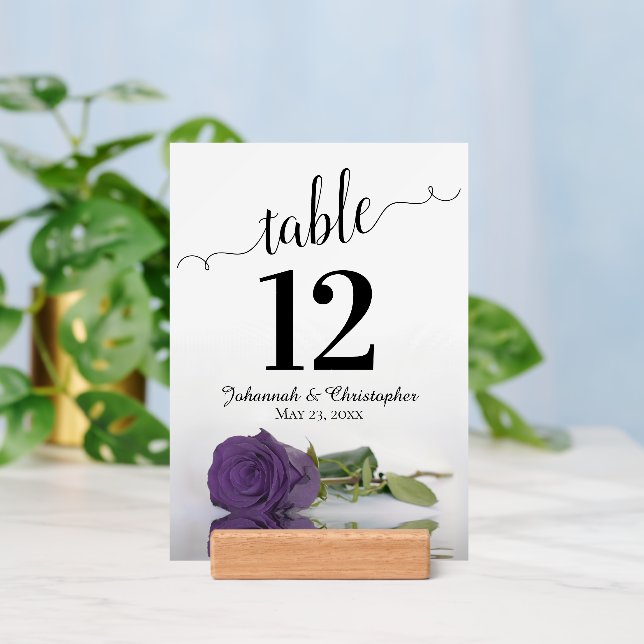 Amethyst Purple Rose Wedding Table Number with Holder (Insitu 3)