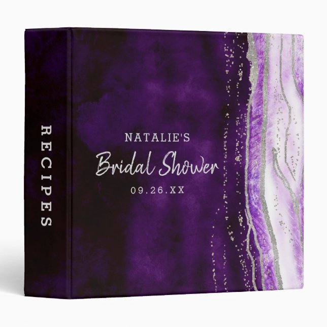 Amethyst Purple & Silver Bridal Shower Recipe Card 3 Ring Binder (Front/Spine)