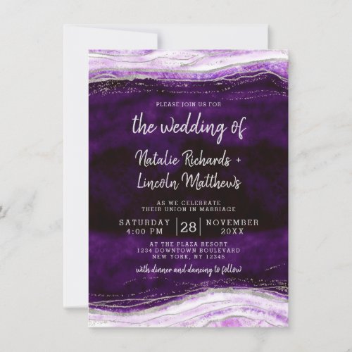 Amethyst Purple  Silver Geode Agate Rock Wedding Invitation