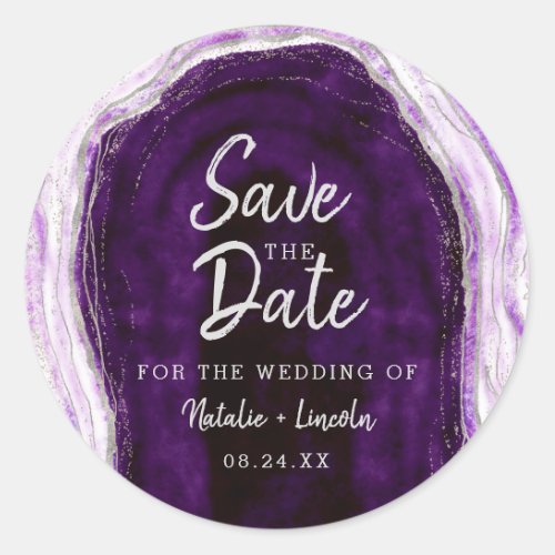 Amethyst Purple  Silver Geode Agate Save the Date Classic Round Sticker
