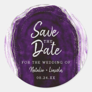 Amethyst Purple & Silver Geode Agate Save the Date Classic Round Sticker