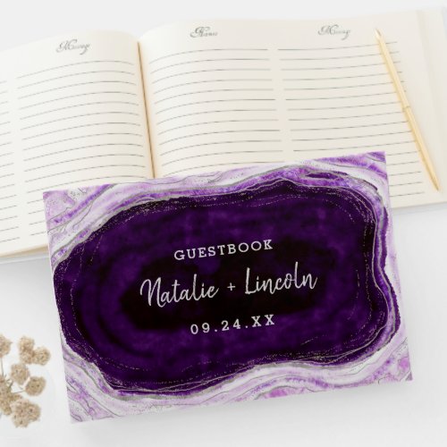 Amethyst Purple  Silver Geode Agate Slice Wedding Guest Book
