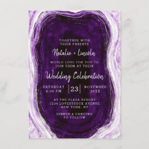Amethyst Purple & Silver Geode Agate Slice Wedding Invitation