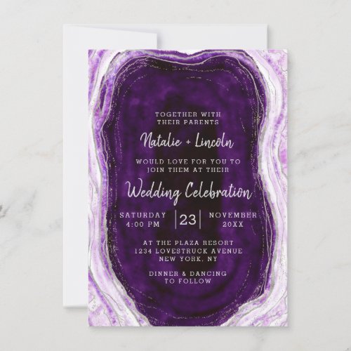 Amethyst Purple  Silver Geode Agate Slice Wedding Invitation