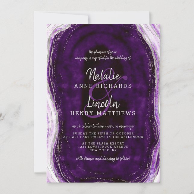 Amethyst Purple & Silver Geode Agate Slice Wedding Invitation (Front)