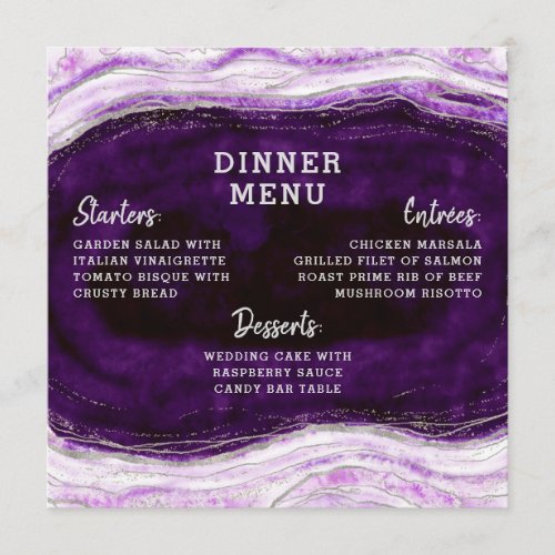 Amethyst Purple  Silver Geode Agate Square Dinner Menu