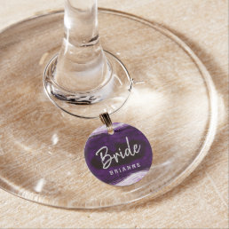 Amethyst Purple &amp; Silver Geode Bride Personalized Wine Charm