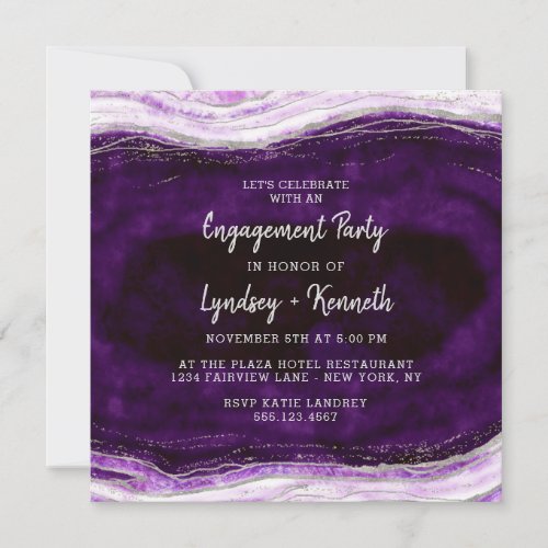 Amethyst Purple  Silver Geode Engagement Party Invitation