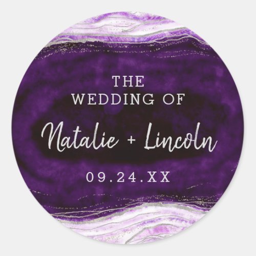 Amethyst Purple  Silver Geode Monogram Wedding Classic Round Sticker
