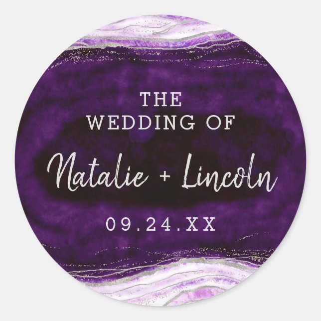 Amethyst Purple & Silver Geode Monogram Wedding Classic Round Sticker (Front)