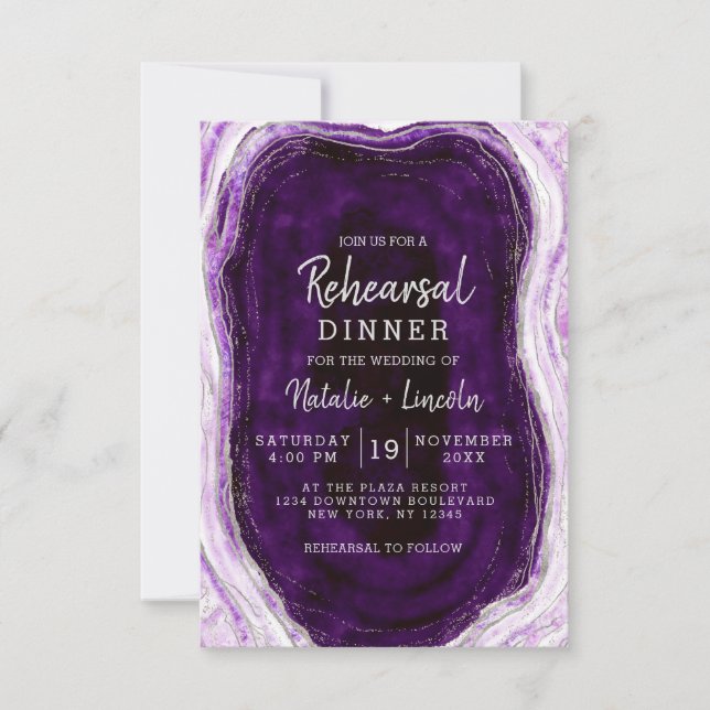 Amethyst Purple & Silver Geode Rehearsal Dinner Invitation (Front)