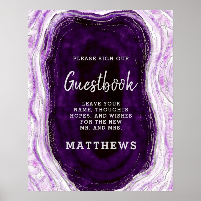 Amethyst Purple & Silver Geode Rock Guestbook Sign (Front)