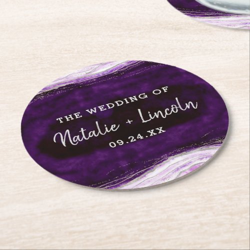 Amethyst Purple  Silver Geode Slice Monogram Round Paper Coaster