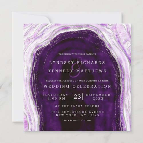 Amethyst Purple Silver Geode Slice Wedding Square Invitation