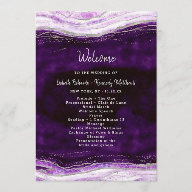 Amethyst Purple & Silver Geode Wedding Ceremony Program (Front)