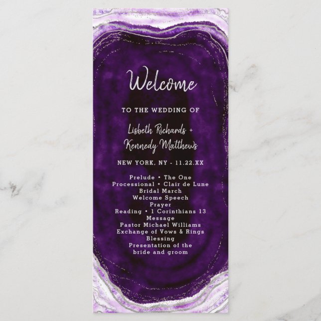 Amethyst Purple & Silver Geode Wedding Ceremony Program (Front)