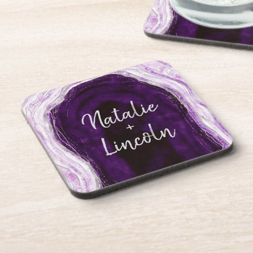 Amethyst Purple  Silver Geode Wedding Monogram Beverage Coaster