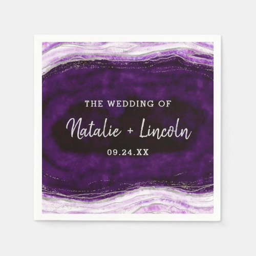 Amethyst Purple  Silver Geode Wedding Monogram Napkins