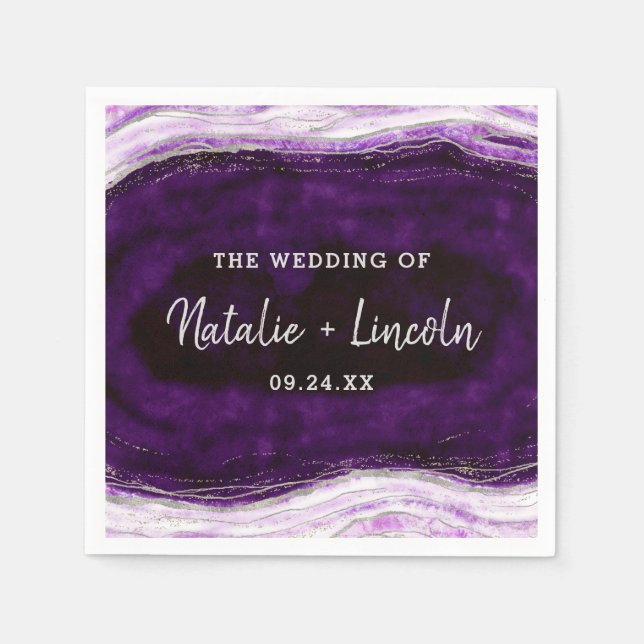 Amethyst Purple & Silver Geode Wedding Monogram Napkins (Front)