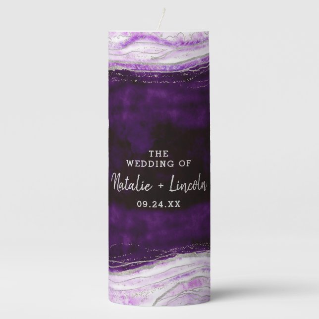 Amethyst Purple & Silver Geode Wedding Monogram Pillar Candle (Front)