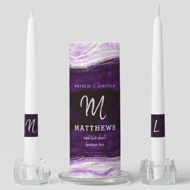 Amethyst Purple & Silver Geode Wedding Monogram Unity Candle Set