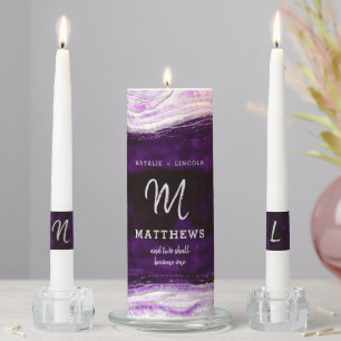 Amethyst Purple & Silver Geode Wedding Monogram Unity Candle Set