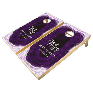 Amethyst Purple & Silver Geode Wedding Mr & Mrs Cornhole Set
