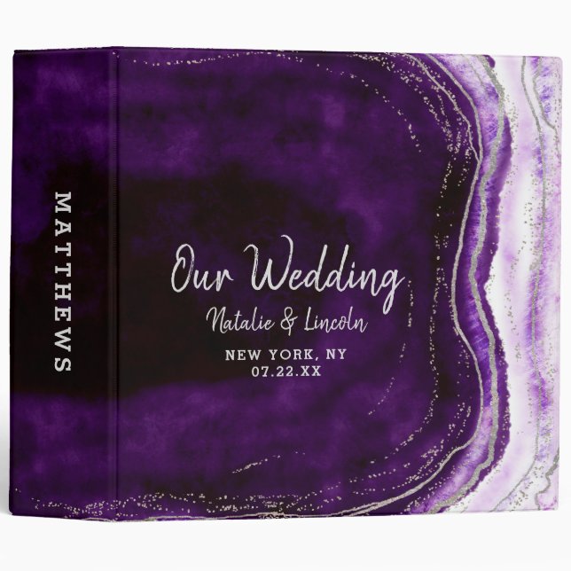 Amethyst Purple & Silver Geode Wedding Photo Album 3 Ring Binder (Front/Spine)