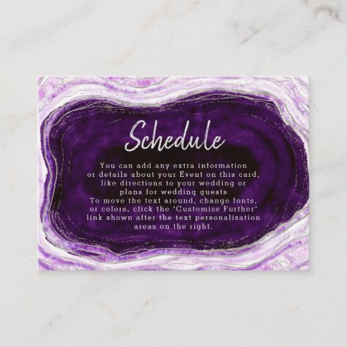 Amethyst Purple  Silver Geode Wedding Schedule Enclosure Card