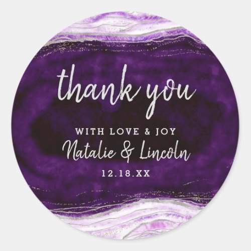 Amethyst Purple  Silver Geode Wedding Thank You Classic Round Sticker