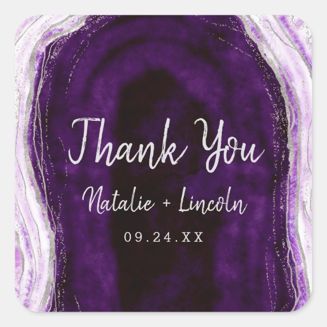 Amethyst Purple & Silver Geode Wedding Thank You Square Sticker (Front)