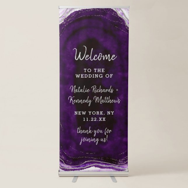 Amethyst Purple & Silver Geode Wedding Welcome Retractable Banner (Front)