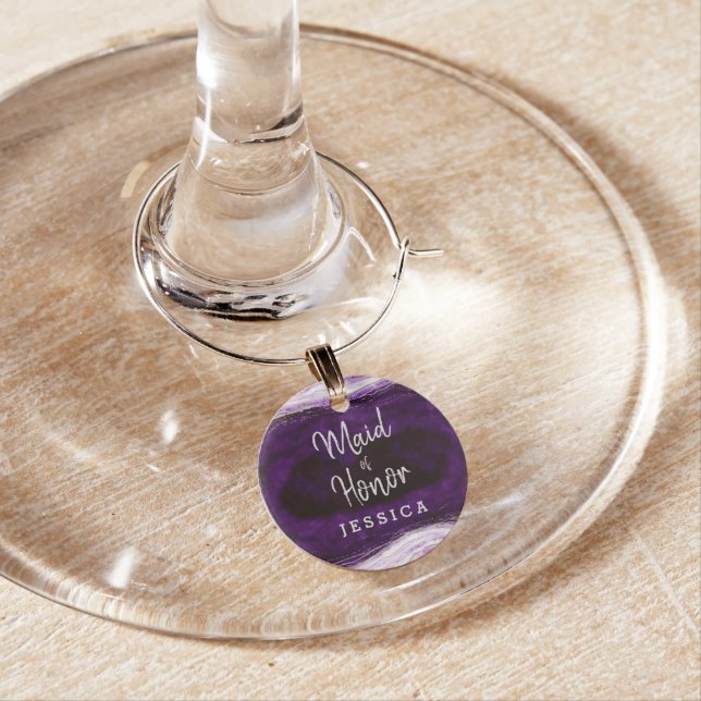 Amethyst Purple Silver Maid of Honor Personalized Wine Charm (In Situ)