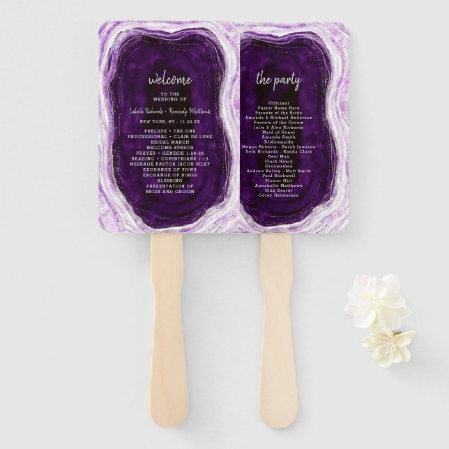 Amethyst Purple & Silver Wedding Ceremony Program Hand Fan (Front and Back)