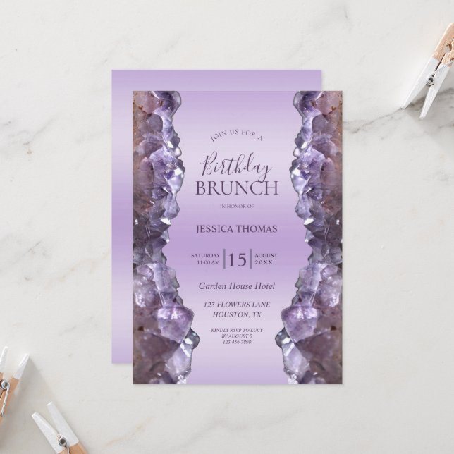 Amethyst Quartz Birthday Brunch Invitation (Front/Back In Situ)