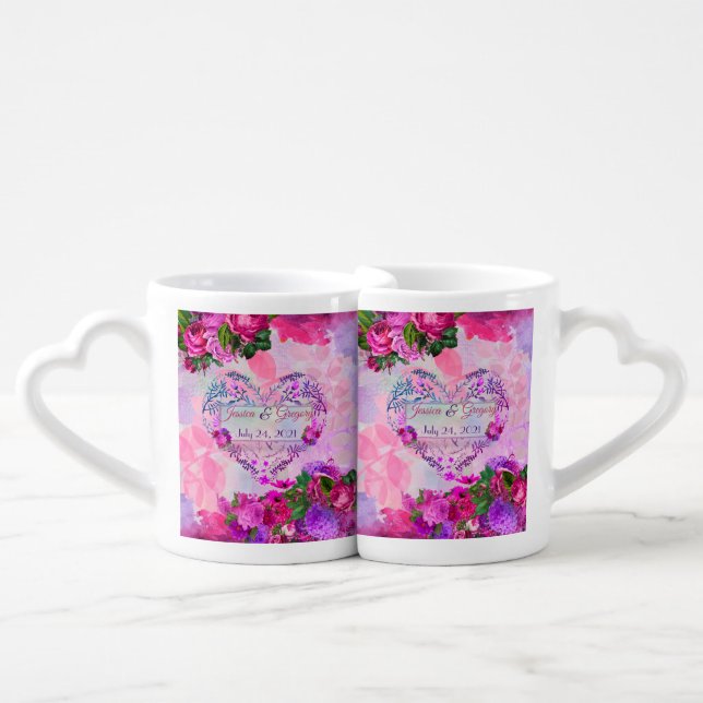 Amethyst Raspberry Floral Wedding Coffee Mug Set (Front Nesting)
