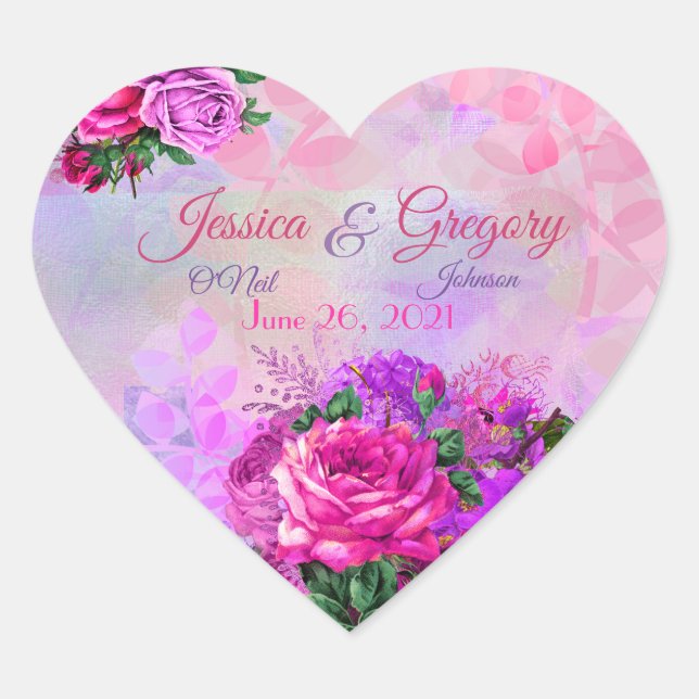 Amethyst Raspberry Floral Wedding Heart Sticker (Front)