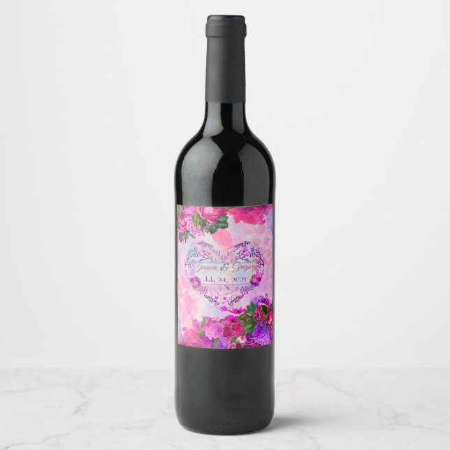Amethyst Raspberry Floral Wedding Wine Label (Front)