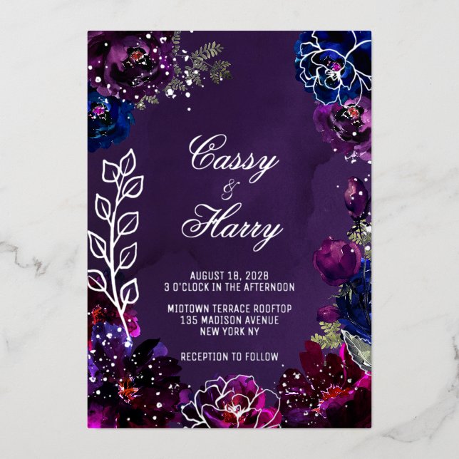 Amethyst Sapphire Jewel Tones Surnames Wedding Foil Invitation (Front)