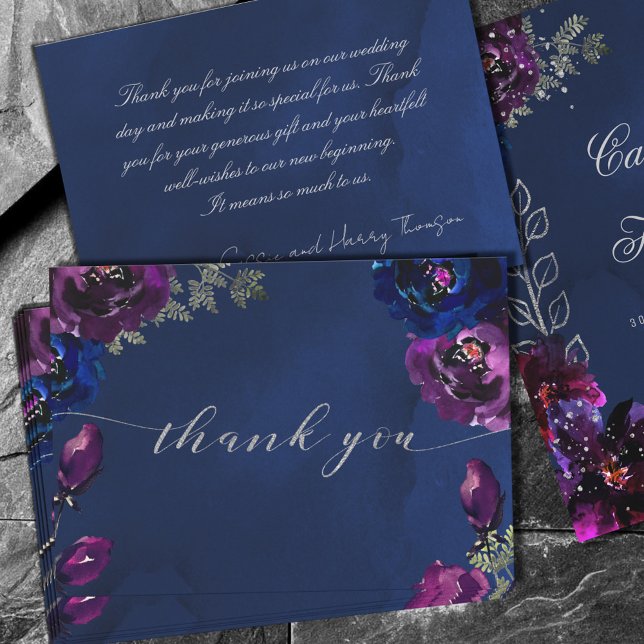 Amethyst Sapphire Navy Jewel Tone Wedding Flat Thank You Card (Creator Uploaded)