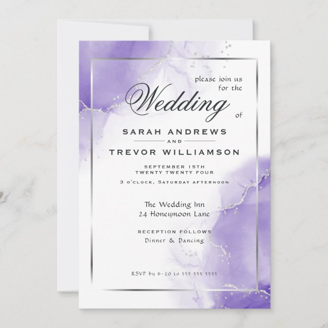 Amethyst Silver  Abstract Marble Invitation (Front)